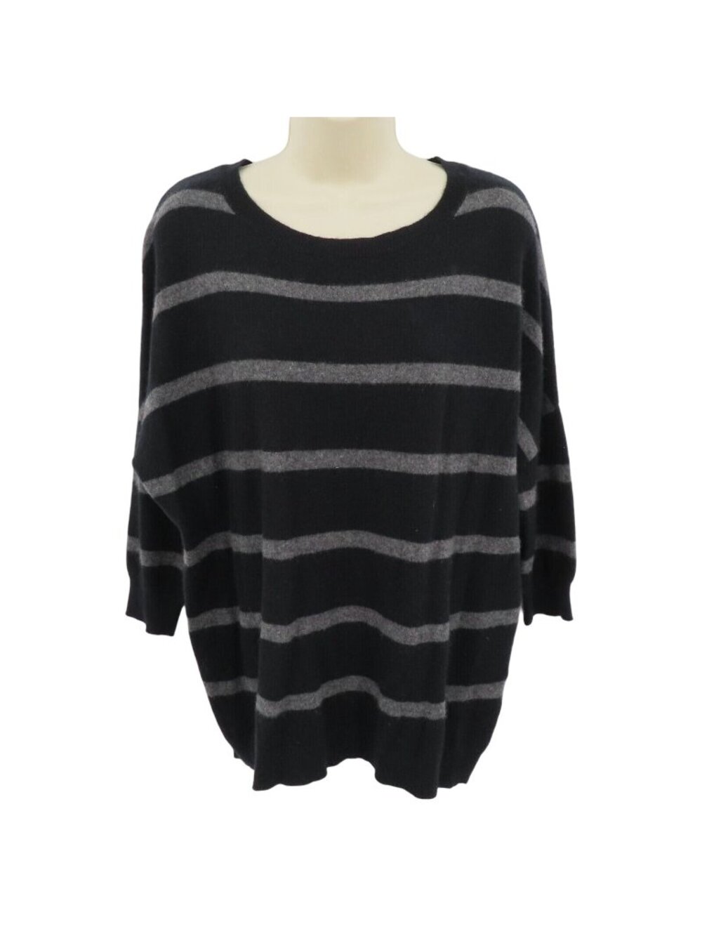 Caslon Women Medium Black Gray 2 Ply Cashmere Horizontal Stripe Pullover Sweater